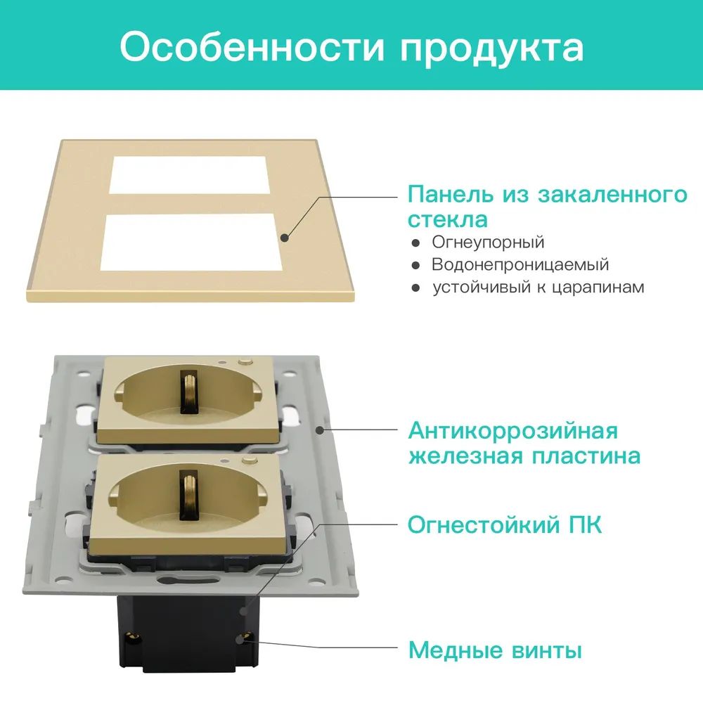 Купить Розетка Wi-fi 2 поста, 16А рамка стекло 86х86мм цвет золото в интернет-магазине Mvava.ru